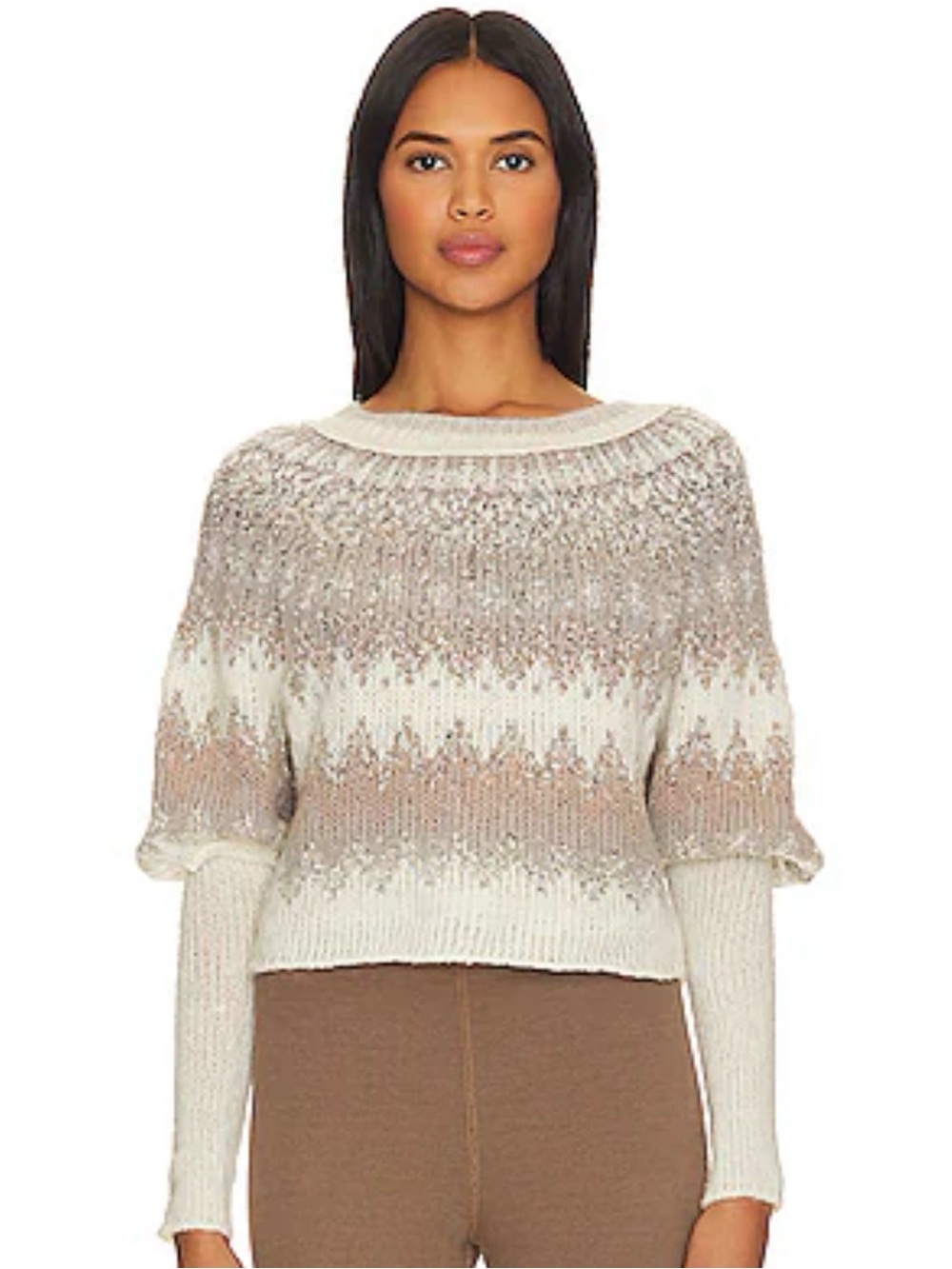 Free People Textured Fair Isle Crewneck Sweater in Cream and Brown